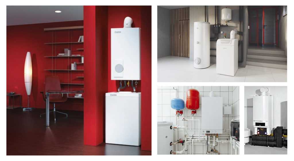 Коллаж изображений котлов и систем отопления, иллюстрирующий различные модели и установки в интерьере и технических помещениях