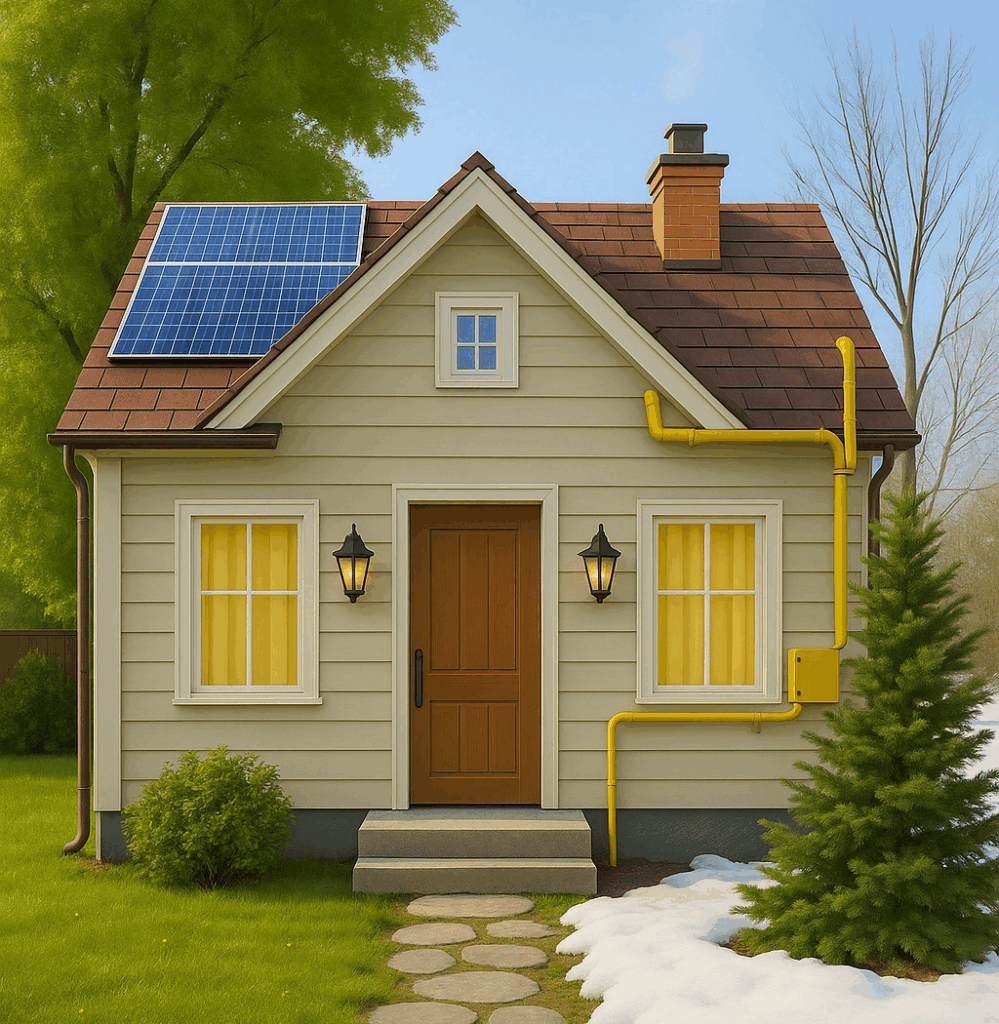 Уютный одножтажный дом с панелью солнечной батареи на крыше