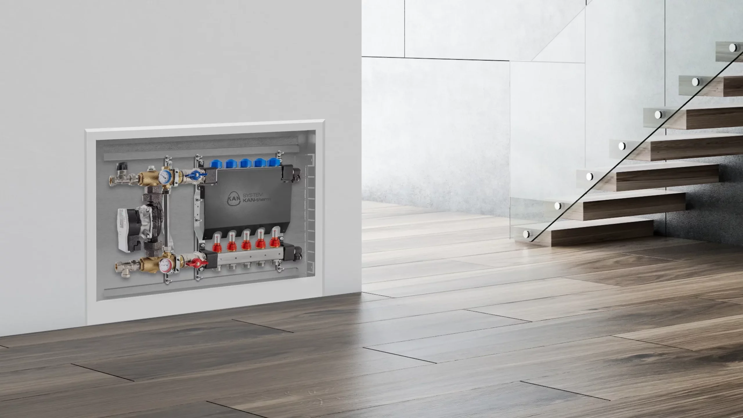 Скрытая система отопления с трубопроводами и кранами, встроенная в стену современного интерьера с деревянным полом и стеклянной лестницей