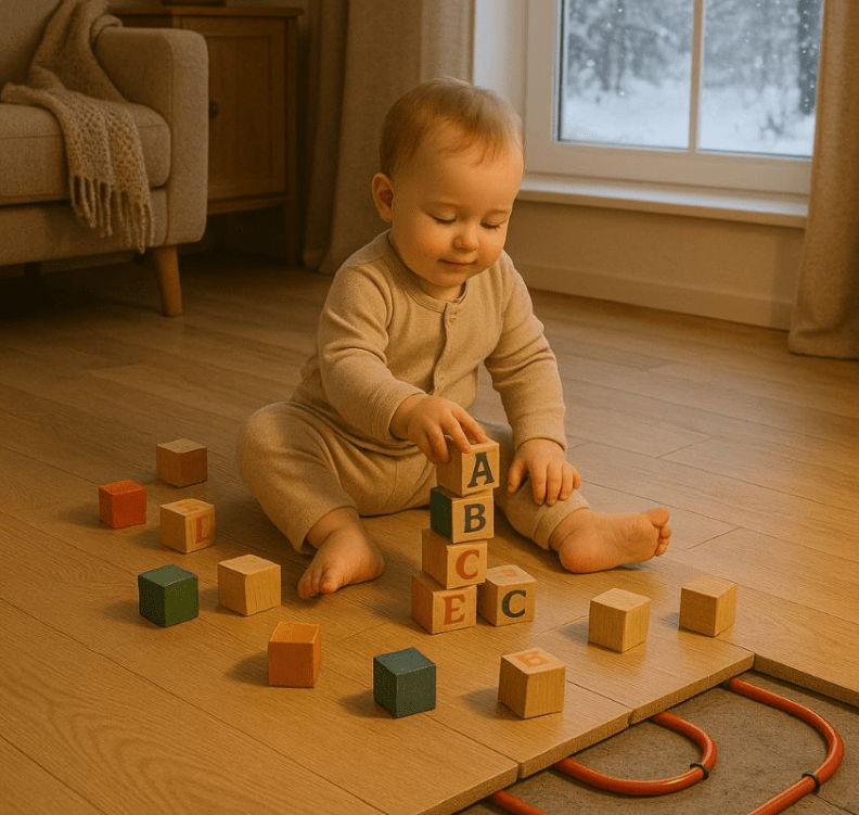 Счастливый ребенок играет в кубики на полу с подогревом